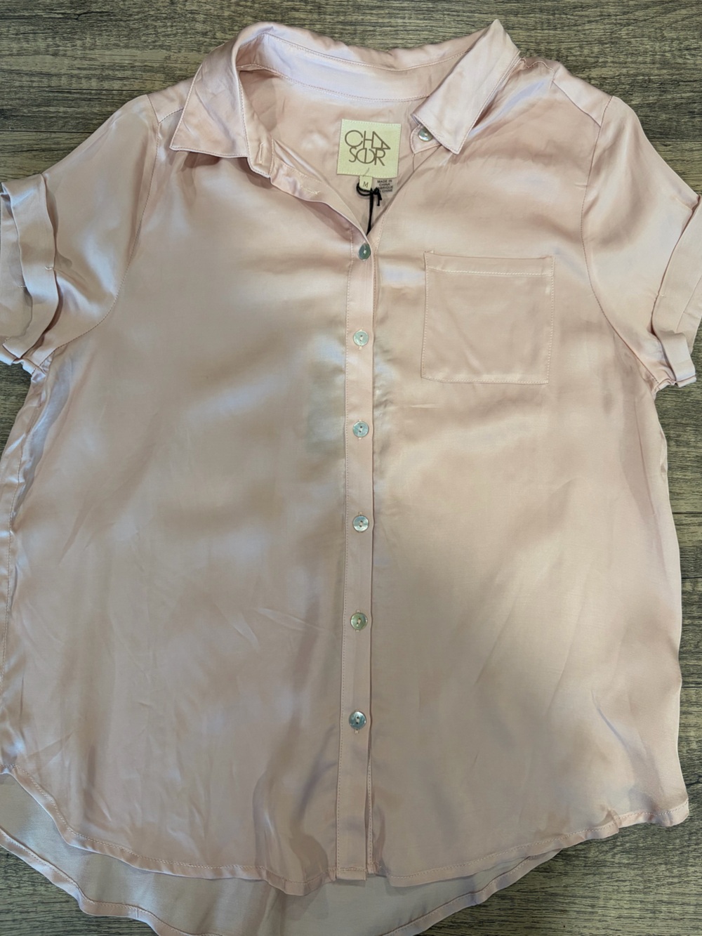 Chaser Soft Blush Satin Button-Down Short Sleeve Blouse